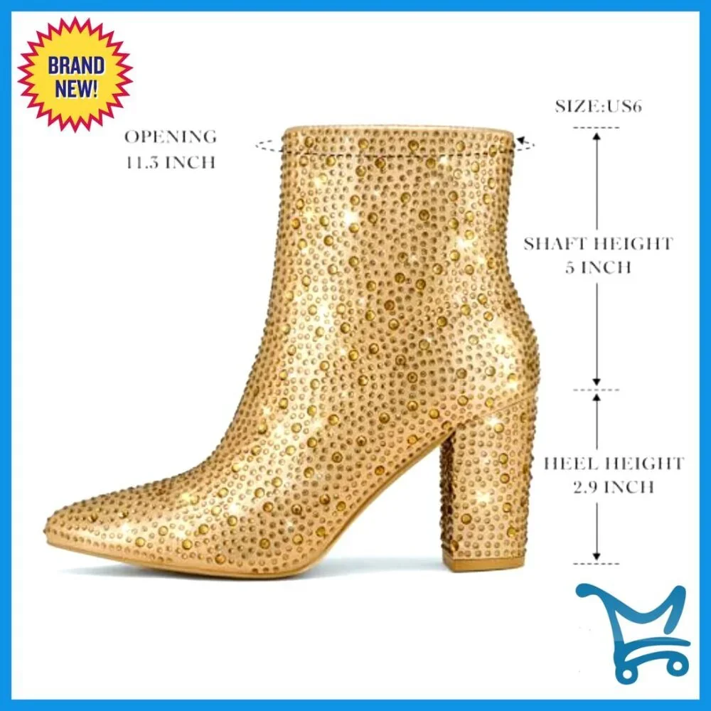 Rhinestone Ankle Boots with Chunky Block Heel, Pointed Toe, Sparkly Glitter